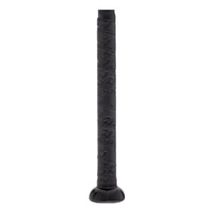Close-up of a black baseball bat handle with textured grip tape featuring a repeating pattern and a black rounded knob.