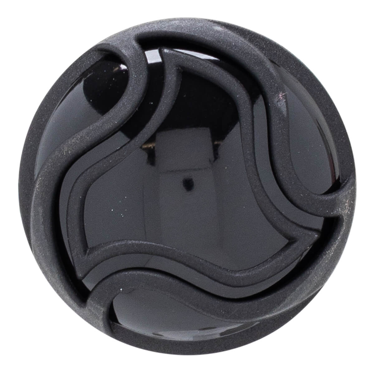Close-up of a black baseball bat end cap with a glossy center and matte textured wavy design.
