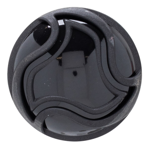 Close-up of a black baseball bat end cap with a glossy center and matte textured wavy design.