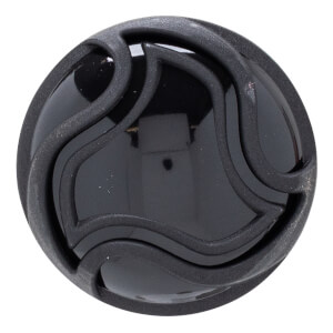 Close-up of a black baseball bat end cap with a glossy center and matte textured wavy design.