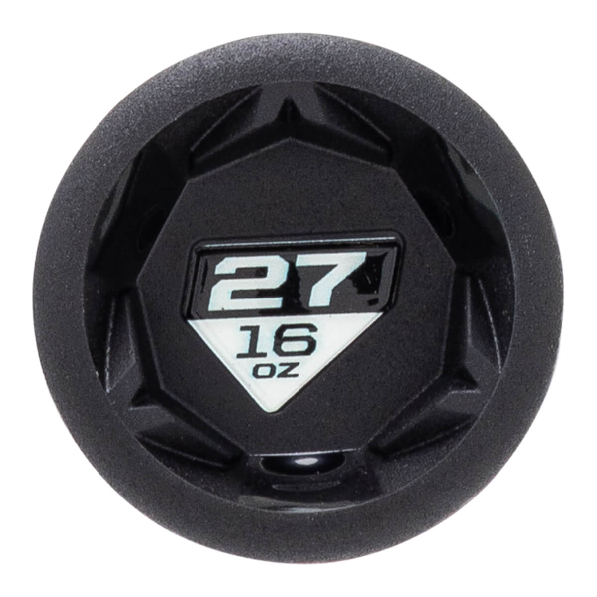 End cap view of a black baseball bat with a white emblem displaying 27 16 OZ and a textured, faceted design.