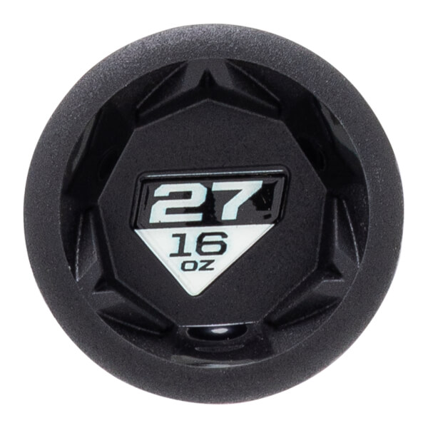 End cap view of a black baseball bat with a white emblem displaying 27 16 OZ and a textured, faceted design.