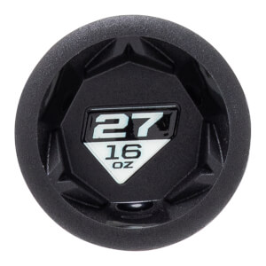End cap view of a black baseball bat with a white emblem displaying 27 16 OZ and a textured, faceted design.