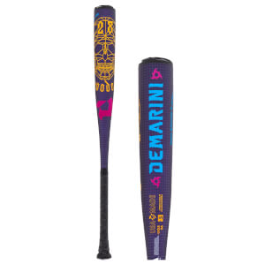 Side view of a purple baseball bat with a yellow skull design and a separate close-up of the DeMarini Voodoo barrel.