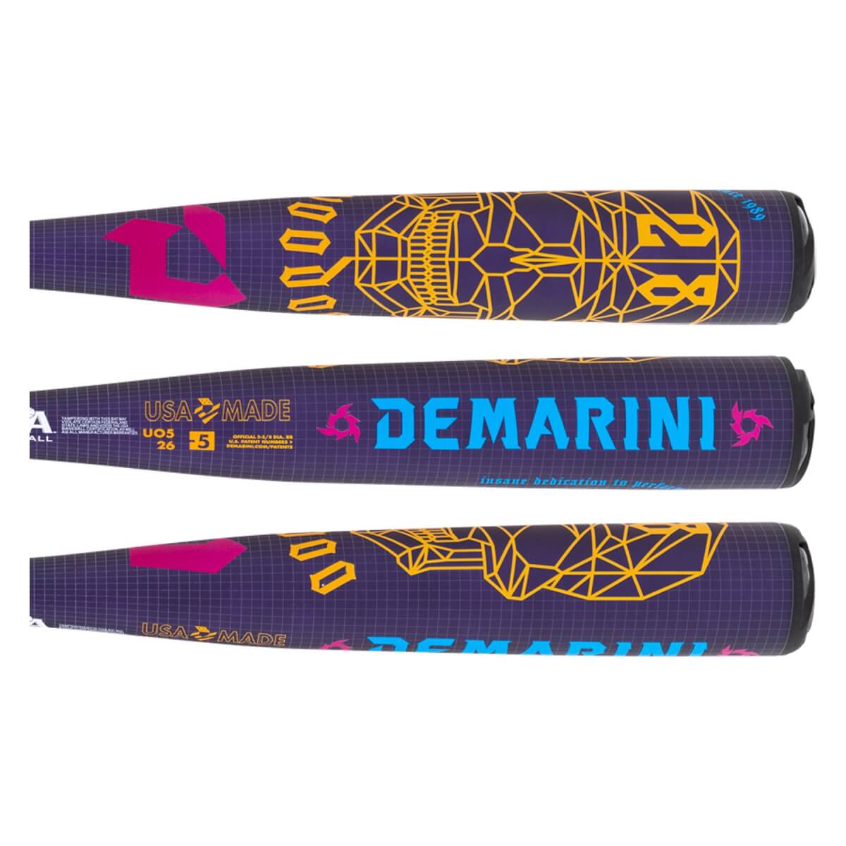 Side view of a purple baseball bat with a yellow geometric skull design and blue DEMARINI text.