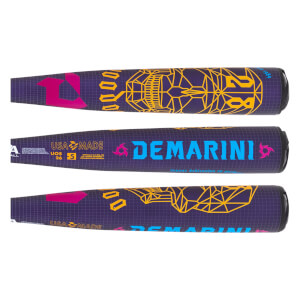 Side view of a purple baseball bat with a yellow geometric skull design and blue DEMARINI text.