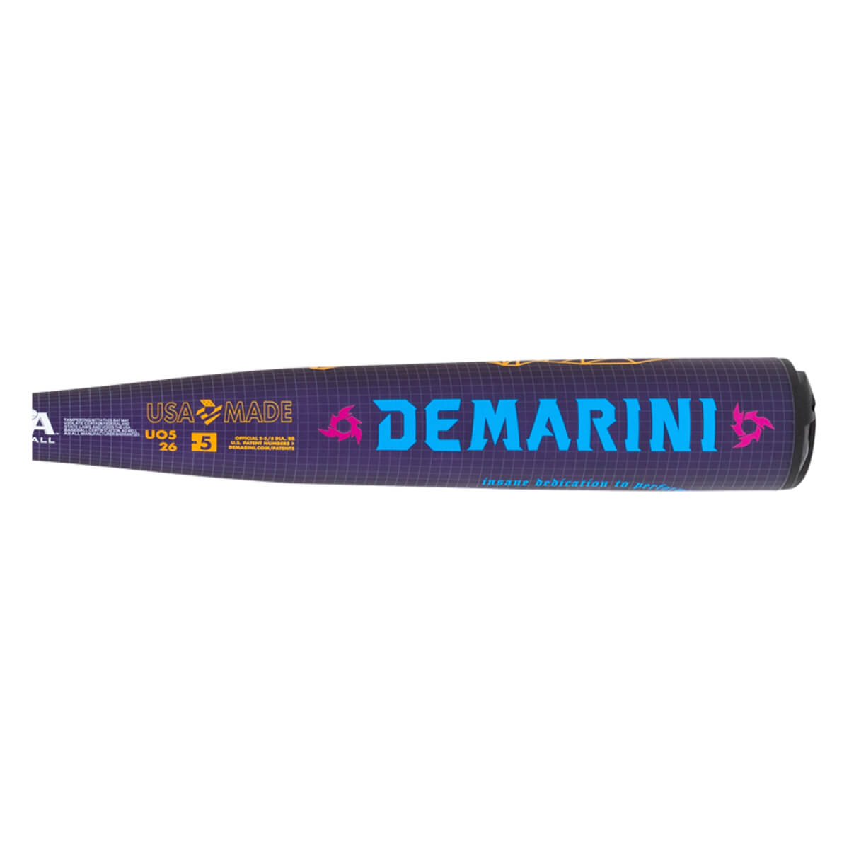 Side view of a dark purple baseball bat with bright blue DEMARINI text, pink stylized logos, and yellow USA MADE lettering.