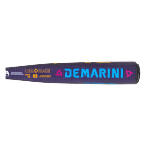 Side view of a dark purple baseball bat with bright blue DEMARINI text, pink stylized logos, and yellow USA MADE lettering.