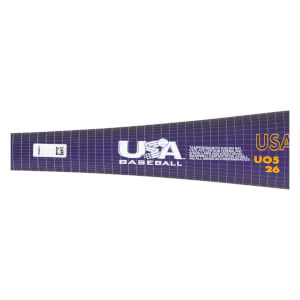 Close-up of a purple baseball bat with a grid pattern, featuring the USA Baseball logo, USA UO5 26 text, and a white barcode sticker.