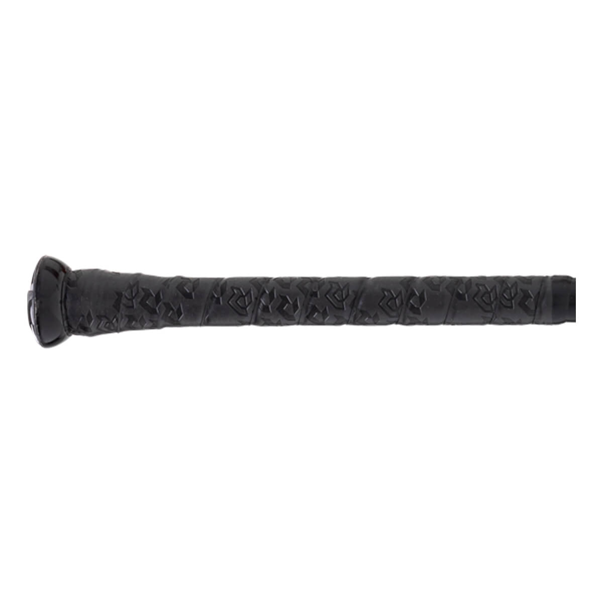 Close-up of black bat grip with an embossed repeating pattern and a flared end cap.