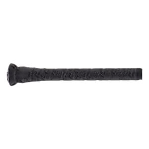 Close-up of black bat grip with an embossed repeating pattern and a flared end cap.