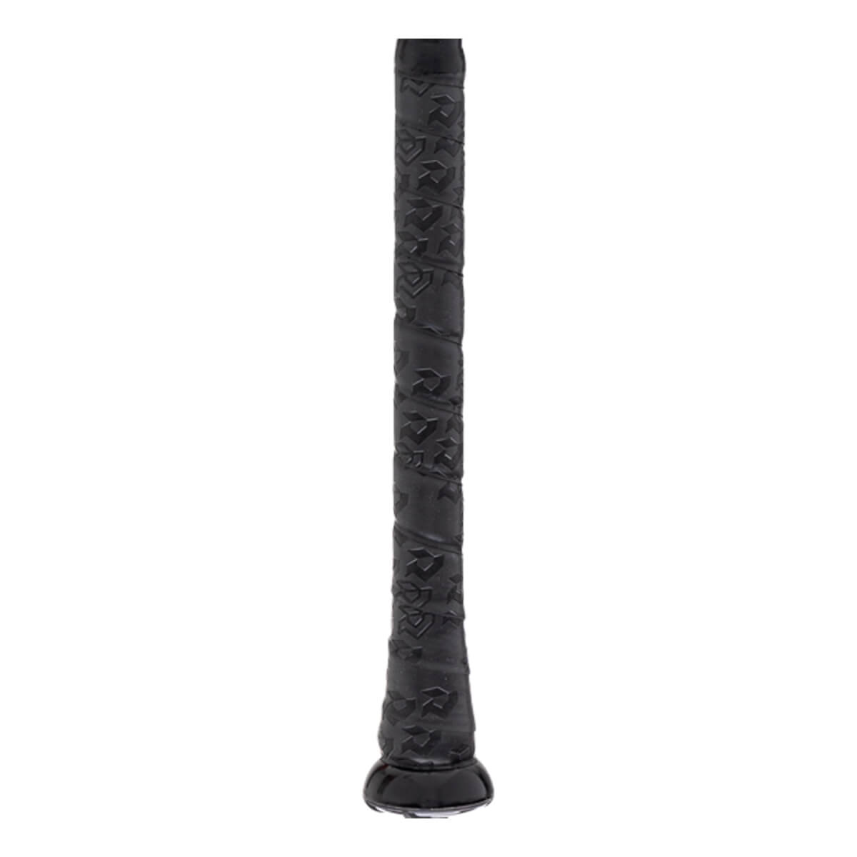 Close-up of the black bat grip with a textured pattern, spiral wrap, and visible knob.