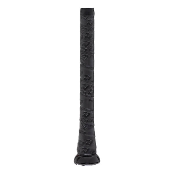 Close-up of the black bat grip with a textured pattern, spiral wrap, and visible knob.