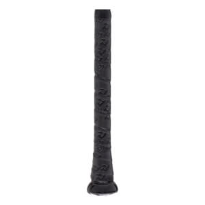 Close-up of the black bat grip with a textured pattern, spiral wrap, and visible knob.