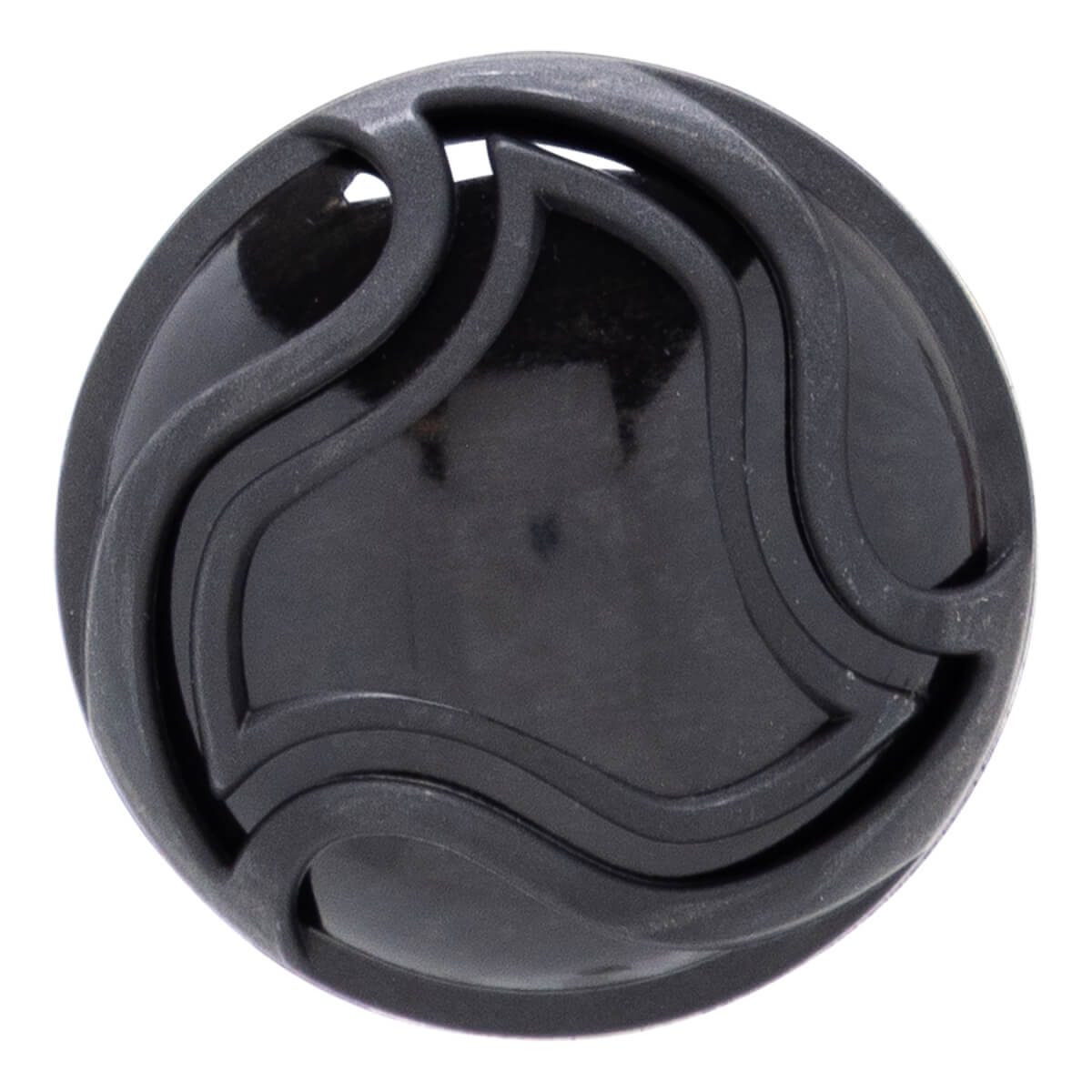 Close-up, top-down view of a black baseball bat end cap with a glossy center and matte, wavy, interlocking designs.