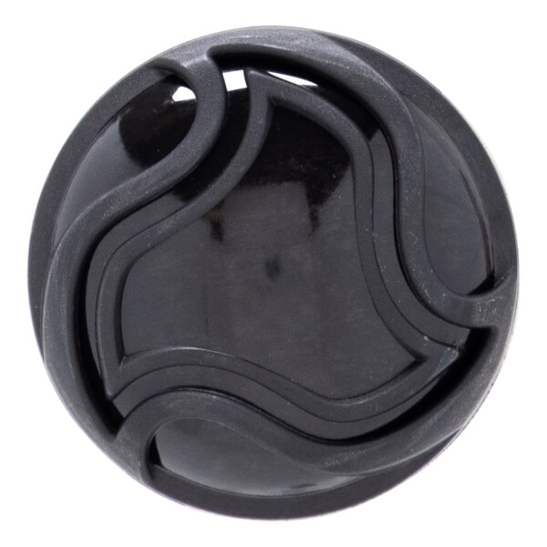 Close-up, top-down view of a black baseball bat end cap with a glossy center and matte, wavy, interlocking designs.