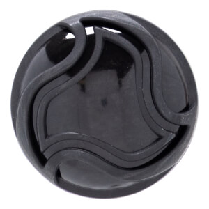 Close-up, top-down view of a black baseball bat end cap with a glossy center and matte, wavy, interlocking designs.