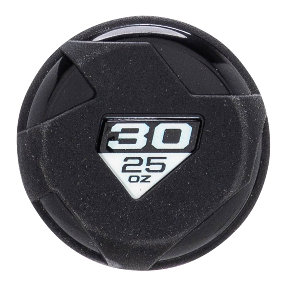 Close-up of black baseball bat end cap with white 30 25 OZ label and textured, geometric design.