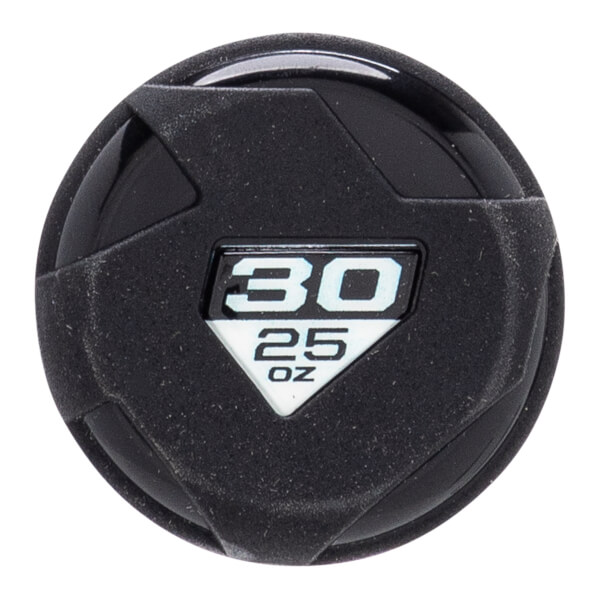 Close-up of black baseball bat end cap with white 30 25 OZ label and textured, geometric design.
