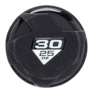 Close-up of black baseball bat end cap with white 30 25 OZ label and textured, geometric design.