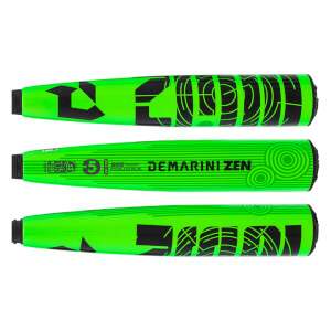 Full display of neon green baseball bat with black DeMarini Zen branding, geometric patterns, and drop 5 indicator.