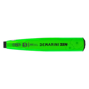Side view of a bright green baseball bat with DEMARINI ZEN text, a large -5 symbol, and concentric circle patterns.
