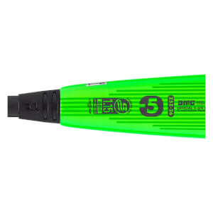 Close-up of a neon green DeMarini baseball bat with black taper, USSSA logo, BPF 1.15, and -5 graphic.
