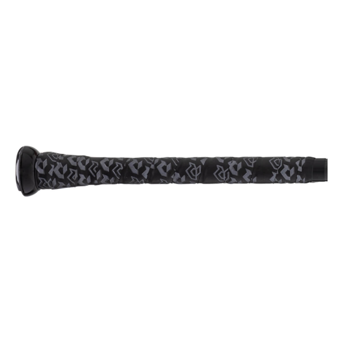 Close-up of a black baseball bat handle with a gray geometric pattern grip tape and a black knob.