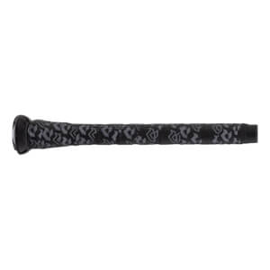 Close-up of a black baseball bat handle with a gray geometric pattern grip tape and a black knob.