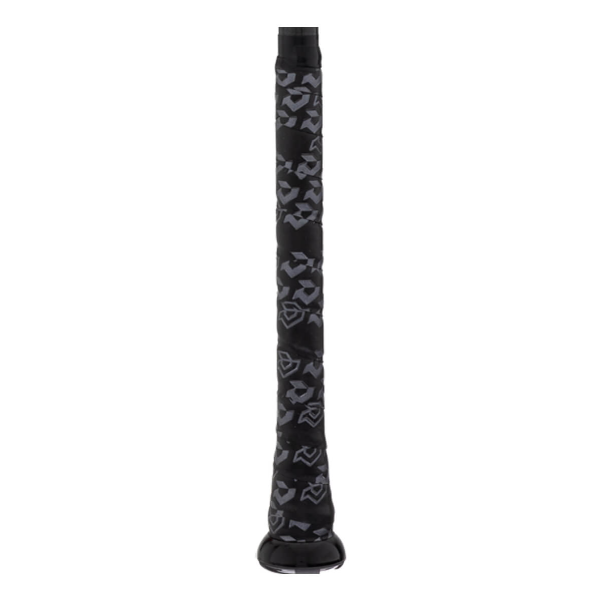 Full view of the black baseball bat grip with a gray repeating DeMarini logo pattern and a visible knob.