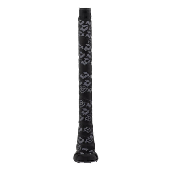 Full view of the black baseball bat grip with a gray repeating DeMarini logo pattern and a visible knob.