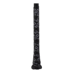 Full view of the black baseball bat grip with a gray repeating DeMarini logo pattern and a visible knob.