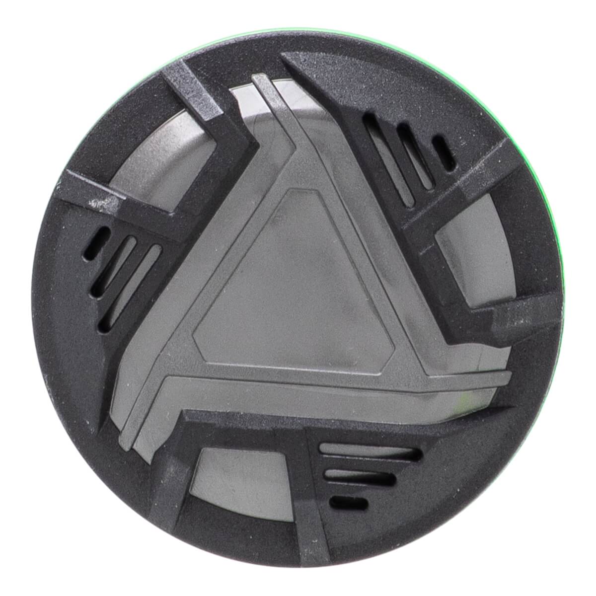 Top-down view of a black and gray baseball bat end cap with a central triangular design, textured ring, and slotted vents.