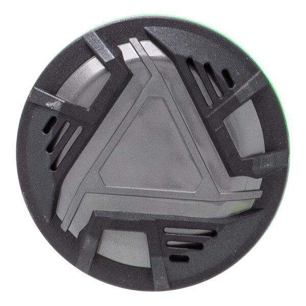 Top-down view of a black and gray baseball bat end cap with a central triangular design, textured ring, and slotted vents.