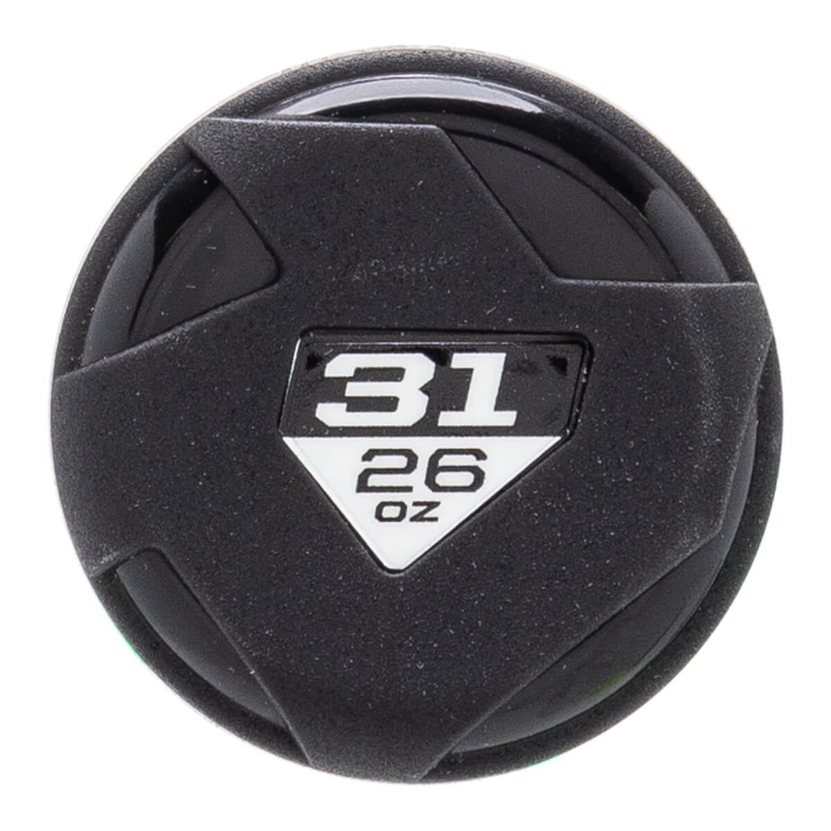 Top-down view of a black baseball bat end cap with a geometric design and white 31 26 OZ label.