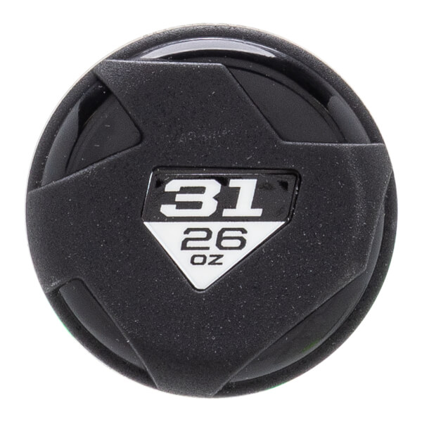 Top-down view of a black baseball bat end cap with a geometric design and white 31 26 OZ label.