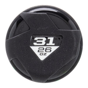 Top-down view of a black baseball bat end cap with a geometric design and white 31 26 OZ label.
