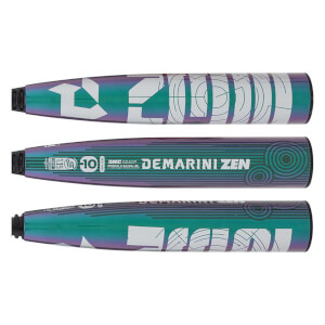 Three side sections of an iridescent purple-green baseball bat with DEMARINI ZEN text, white graphics, and circular patterns.