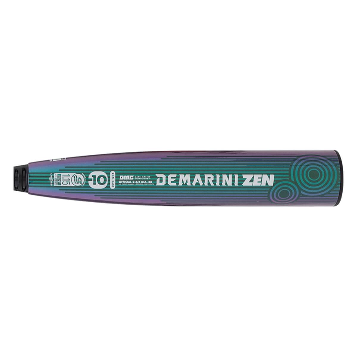 Side view of an iridescent baseball bat with DEMARINI ZEN in green, horizontal stripes, and swirling patterns.