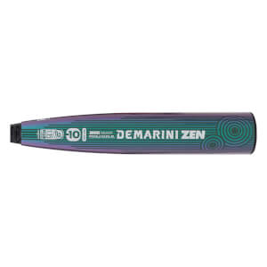 Side view of an iridescent baseball bat with DEMARINI ZEN in green, horizontal stripes, and swirling patterns.