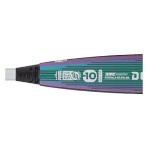 Close-up side view of an iridescent purple and teal DeMarini baseball bat with white -10 and USSSA logos.