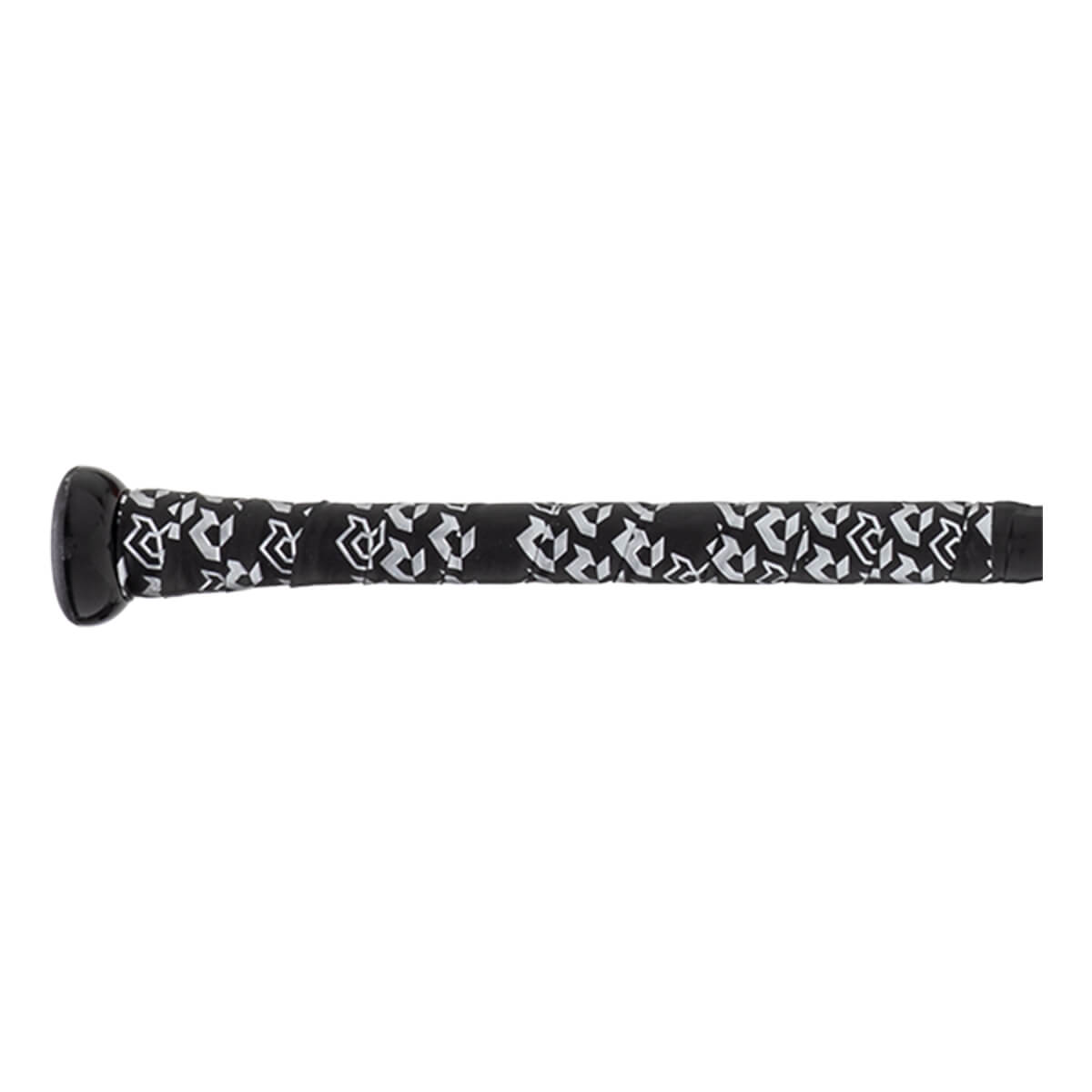 Side view of a black baseball bat grip with a white geometric pattern and a black knob.