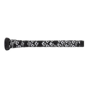 Side view of a black baseball bat grip with a white geometric pattern and a black knob.