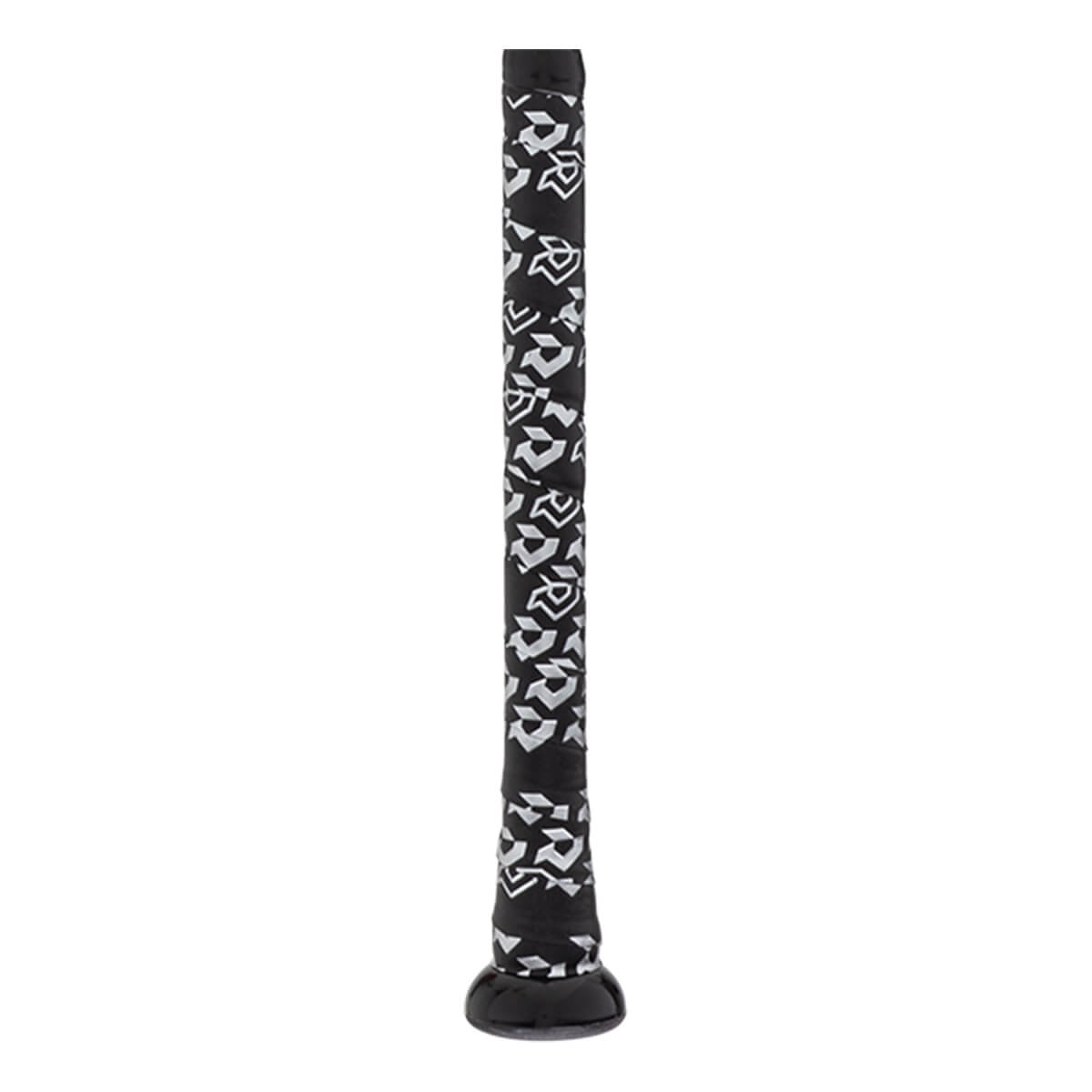 Close-up of a black bat grip with a repeating white abstract pattern and a black knob.