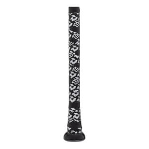 Close-up of a black bat grip with a repeating white abstract pattern and a black knob.