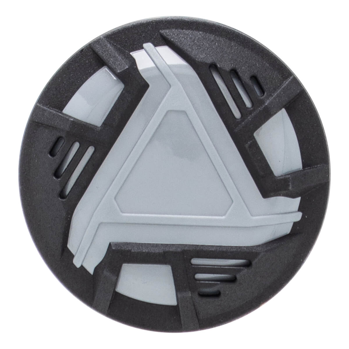 Close-up, top-down view of a black and gray baseball bat end cap with a central gray triangle and geometric patterns.