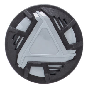 Close-up, top-down view of a black and gray baseball bat end cap with a central gray triangle and geometric patterns.