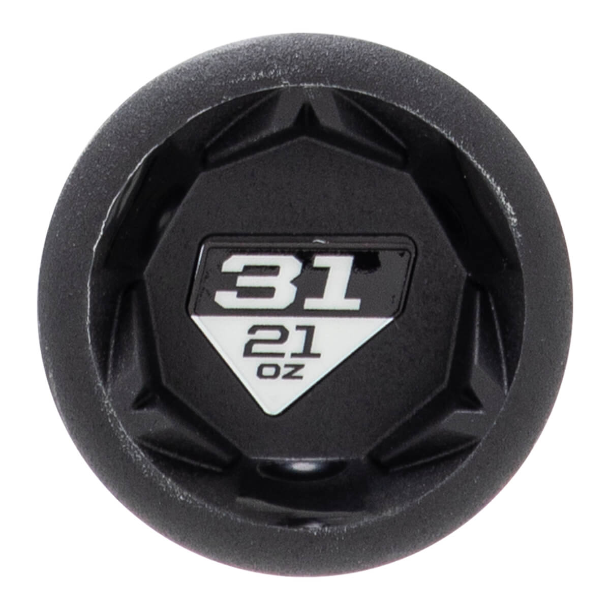 Top-down close-up of a black baseball bat end cap with an octagonal design and 31 21 OZ in white.
