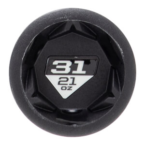 Top-down close-up of a black baseball bat end cap with an octagonal design and 31 21 OZ in white.