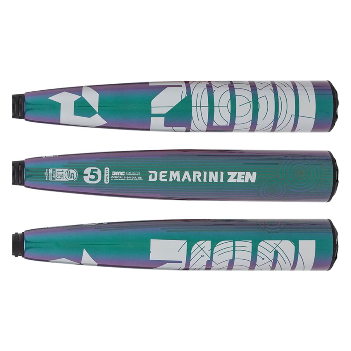 Multiple side views of an iridescent oil slick baseball bat with white DEMARINI ZEN text and abstract geometric patterns.
